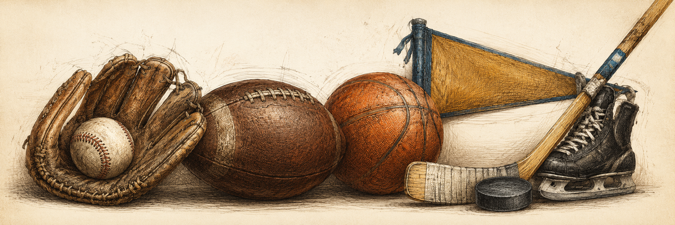 Etched illustration of baseball, football, basketball and hockey equipment